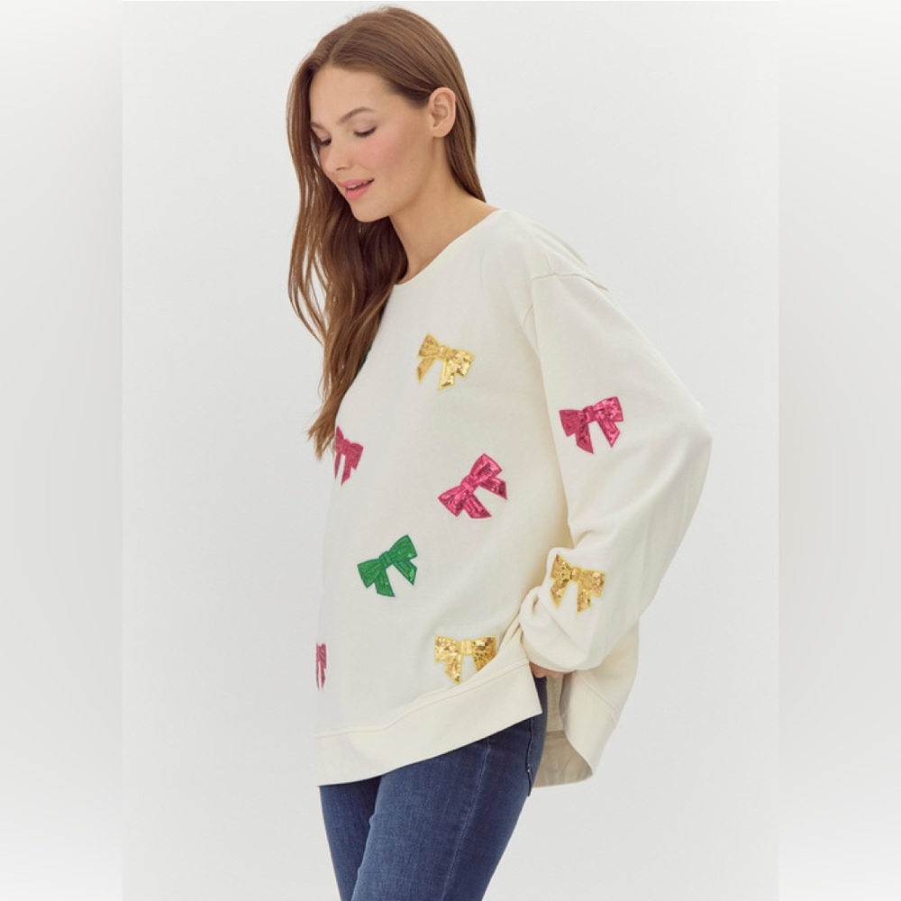 #257 CLOSEOUT FIRM ❤️New! Oversized Sweatshirt with Colorful Bow Accents - Picture 1 of 2